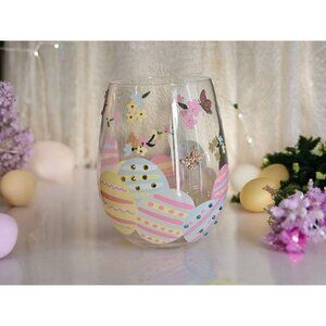 New Yellow Pink Pastel Hand-painted Easter Egg Flowers Wine Drink Glass Tumbler